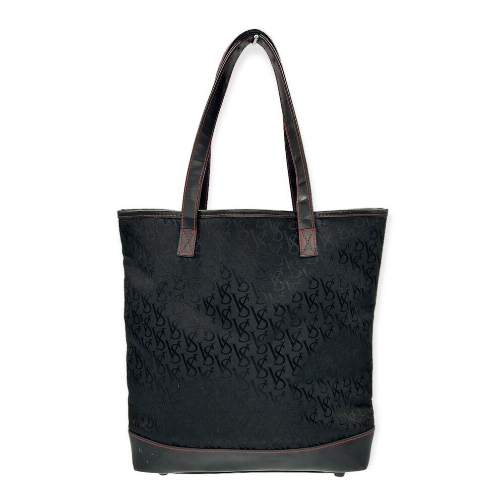 Victoria's Secret Signature Black Logo Jacquard & Leather Handbag Red Stitching